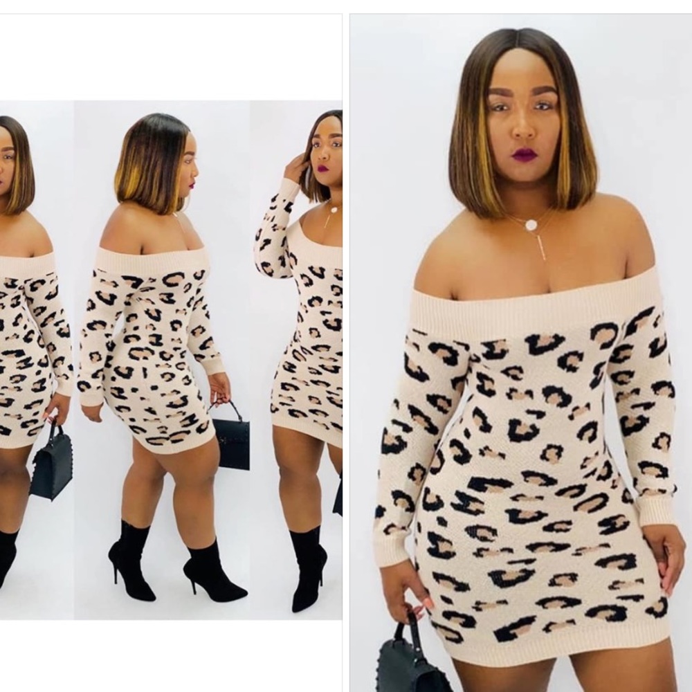 Tan leopard off shoulder dress
